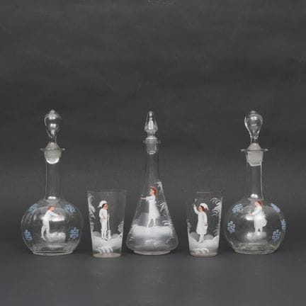 England, Mary Gregory style, three carafes and two