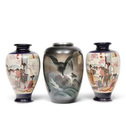 Japan, three vases, 20th century: a metal vase inl