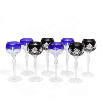 Eight Bohemian crystal wine glasses, with black an