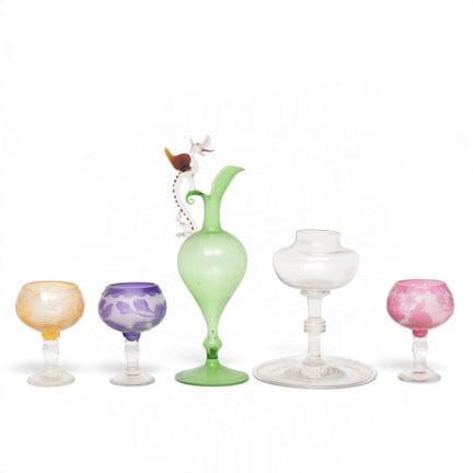 Three cameo glasses, a small green glass pitcher, 