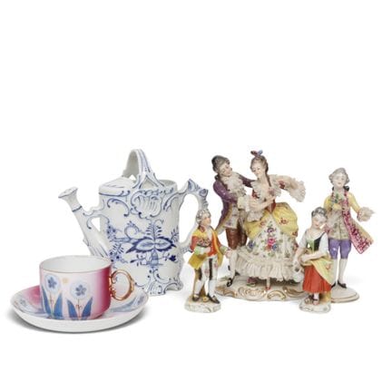 Porcelain watering can, Russian cup and saucer, an