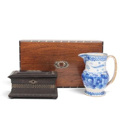 Antique wooden sewing box, jewelry box, and earthe
