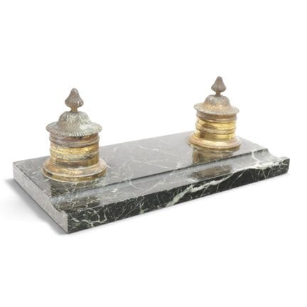 Green marble inkstand, circa 1900, with two brass 