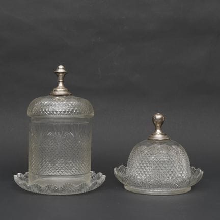 Crystal cheese dome and lidded jar on a saucer wit