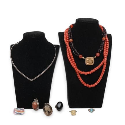 Various pieces of jewelry, including an imitation 