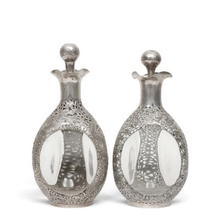 China, two BWG silver decanters, one marked "Wang 