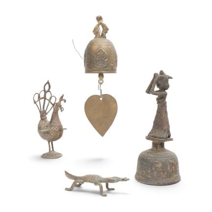 India, bronze bell with a figure and a bronze peac