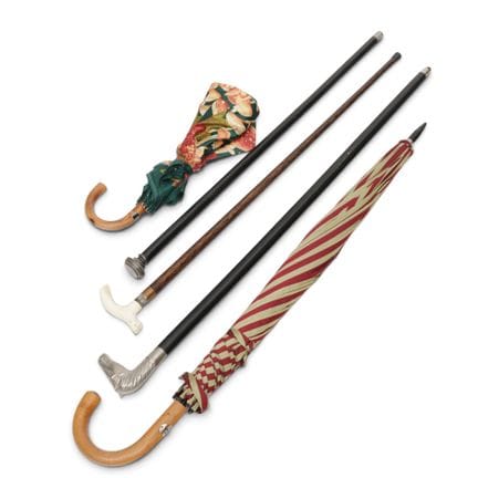 Various walking sticks and umbrellas.[5]
