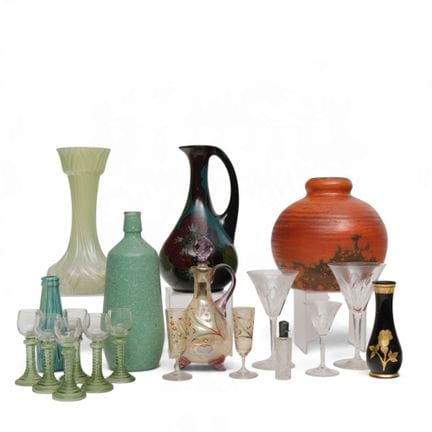 Various pottery and glassware, including a faience
