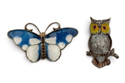Two enameled silver brooches: one butterfly brooch
