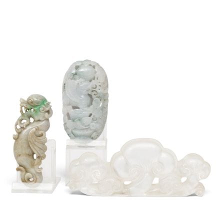 China, three carvings: a jadeite boulder carved wi