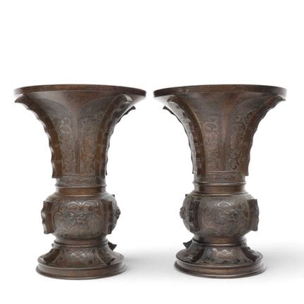 Japan, a pair of archaic bronze "gu" vases, height