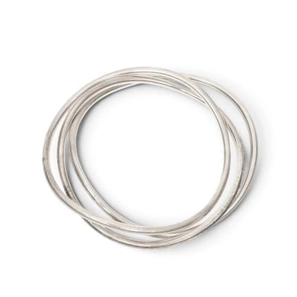 Three silver bangle bracelets in a curved design, 