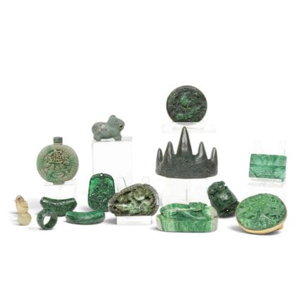 China, a collection of green stone carvings, inclu