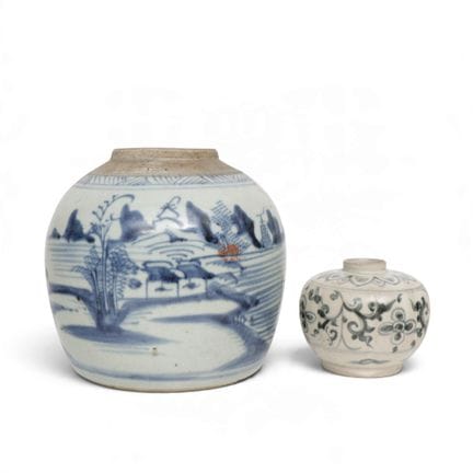 Asia, two blue-and-white porcelain pots, a Chinese