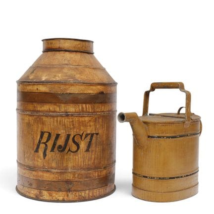 Tin rice container and watering can, 19th century;
