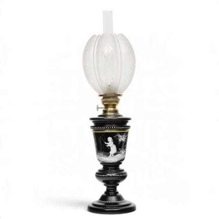 England, Mary Gregory style, black glass oil lamp,