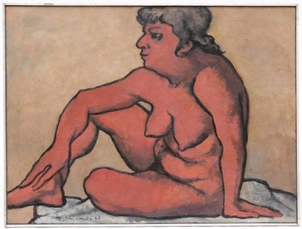 Theo Michels (1908-1981), « Nu assis rouge », huil