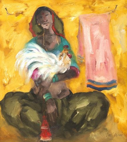 J.M.S. Mani (né en 1949) Femme avec un coq, huile 