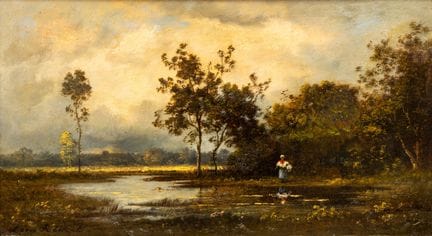 Léon Richet (1847-1907) Femme au bord d'un petit l