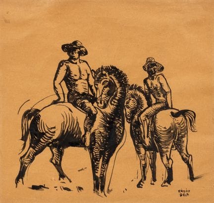 Bela Kadar (1877-1956)Hommes à cheval dessin à l'e