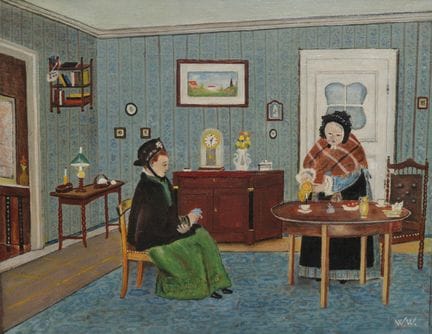 Lienzo firmado «WWInterieur» con dos damas tomando