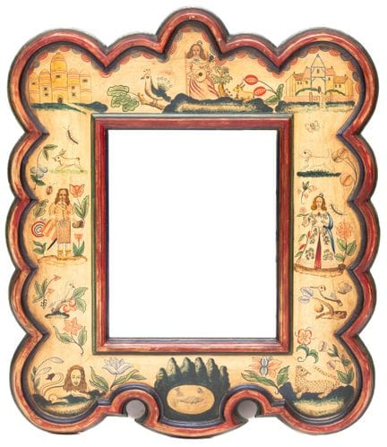Specchio con cornice in legno di pino dipinta e sa