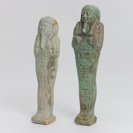 Egypt, two blue faience ushabti figurines, Late Pe