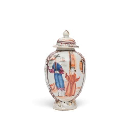 China, a famille rose porcelain tea caddy with a M