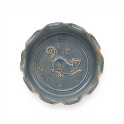 China, a blue-glazed water dish, modern, on three 