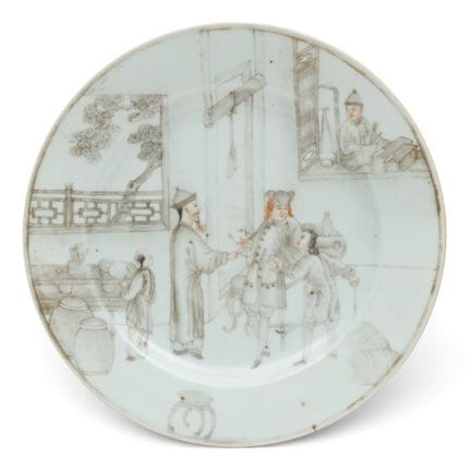 Chine, assiette à motif européen en porcelaine gri