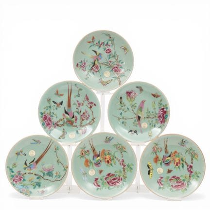 China, a set of six celadon-ground famille rose di
