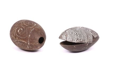 Papua, Marind Anim, two incised coconut shell char