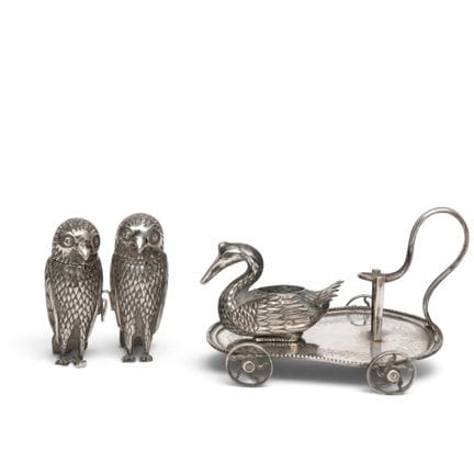 China, a silver pepper and salt shaker and toothpi