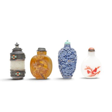 China, four different snuff bottles, including a j