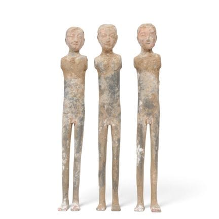China, three pottery stick figures, Han Dynasty (2