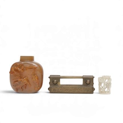 China, an agate snuff bottle, a jade carving, and 