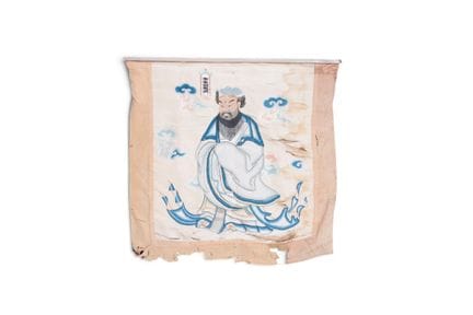 China, a cream-colored silk embroidered hanging, e