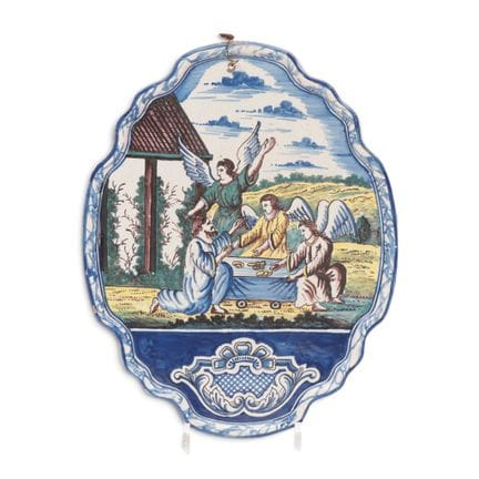 Delft, targhetta religiosa in terracotta decorata 