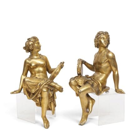 Francia, coppia di sculture in bronzo dorato, stil