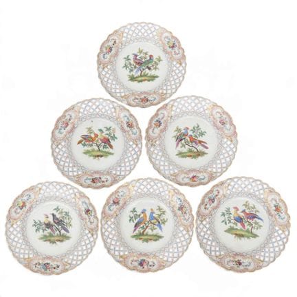 Meissen, serie di sei piatti decorativi in porcell