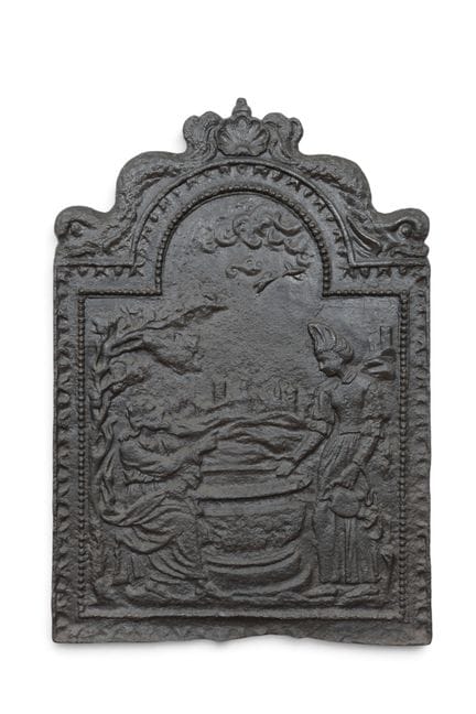 Antica piastra da camino in ghisa con scena biblic