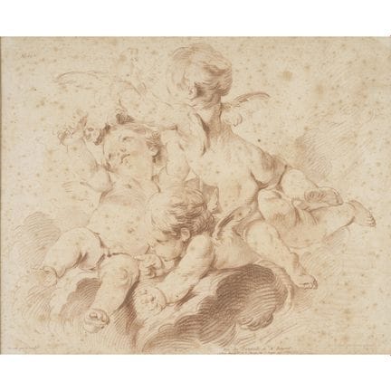 据布歇所作
云间鸽群中的孩童
仿铅笔风格的红褐色版画，再版
纸张泛黄，有大量斑点
装裱


画面尺寸