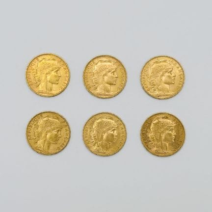 法国
一套六枚20法郎金币（玛丽安娜与公鸡图案）
年份分别为1906年、1907年、1909年（2枚