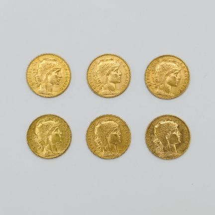 法国
一套六枚20法郎金币（玛丽安娜与公鸡图案）
年份分别为1902年、1907年（2枚）、1911