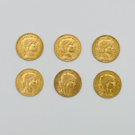 法国
一套六枚20法郎金币（玛丽安娜与公鸡图案）
年份：1912年（4枚）、1913年、1914年
