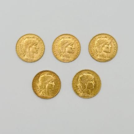 法国
一套五枚20法郎金币（玛丽安与公鸡图案）
年份分别为1904年、1909年（2枚）、1912年