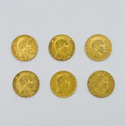 法国
一套六枚二十法郎金币，图案分别为：拿破仑三世赤裸头像、戴月桂冠的拿破仑三世及塞雷斯女神
铸造年