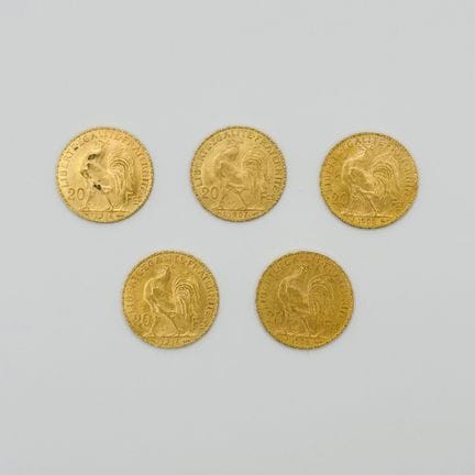 法国
一套五枚20法郎金币（玛丽安娜与公鸡图案）
年份分别为1907年、1908年（2枚）、1914