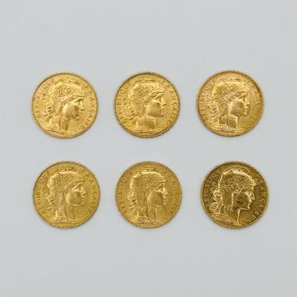 法国
一套六枚20法郎金币（玛丽安娜与公鸡图案）
年份分别为1906年、1907年、1911年、19